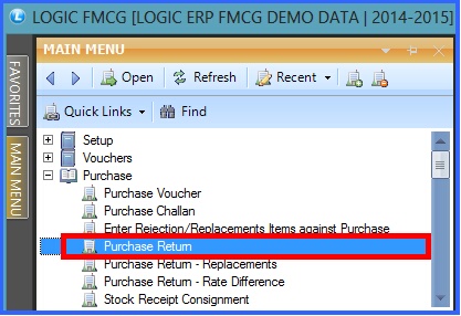 fmcg purchase return debit note menu